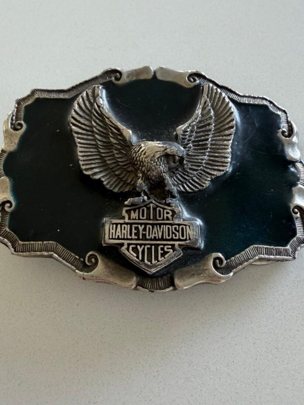 Vintage Harley-Davidson Eagle Black Enamel Belt Buckle